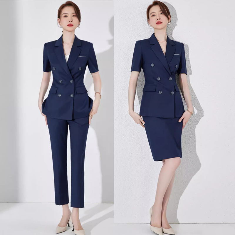 Summer new navy blue short-sleeved double-breasted fashion business suit thin manager suit formal work clothes
