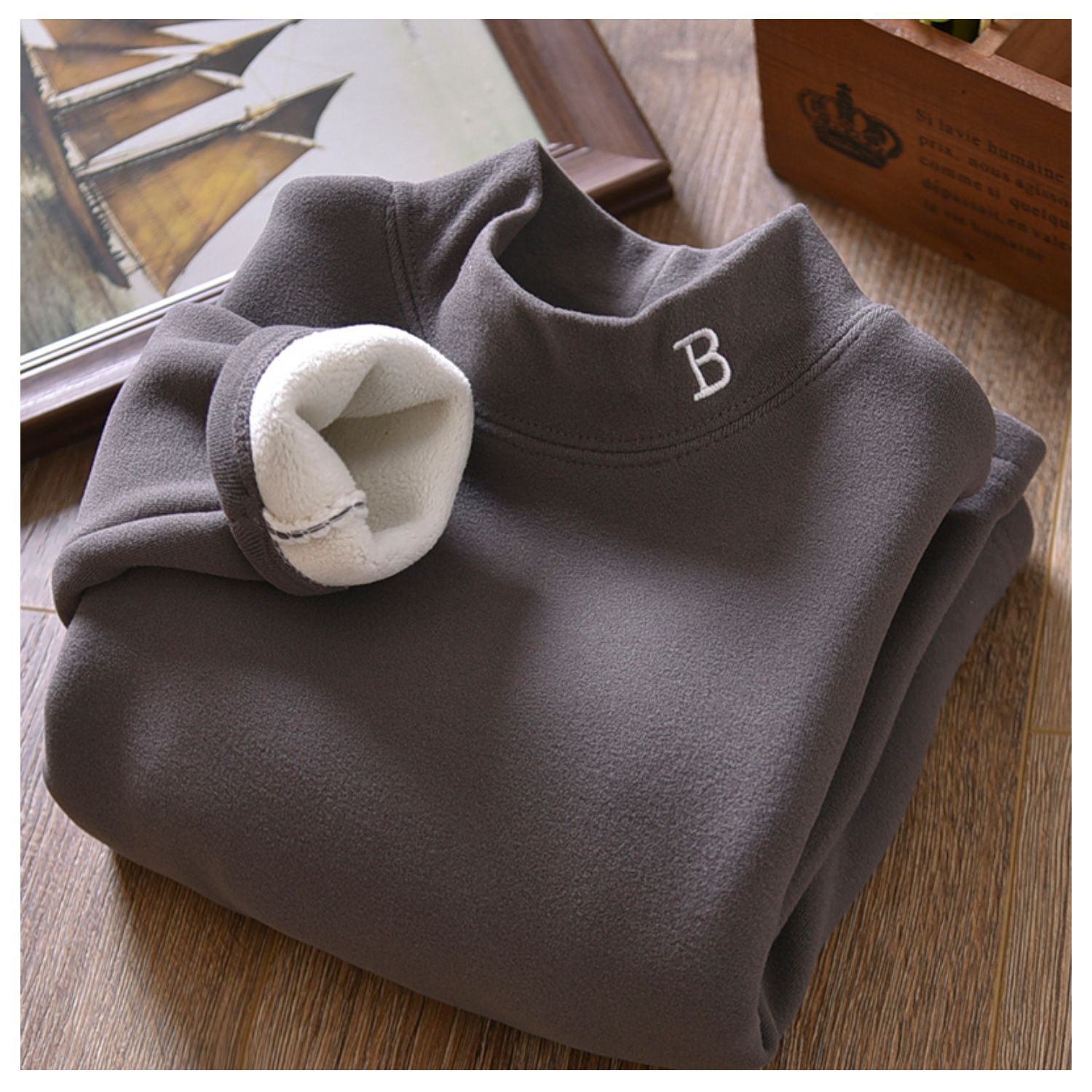 Picture of Children's Clothing Winter Boys' Bottoming Shirt Fleece-Lined and Thickeneding for Medium and Large Kidsren German Velvet Embroider Kidsren's Half Turtleneck Warm Top Trbottomy