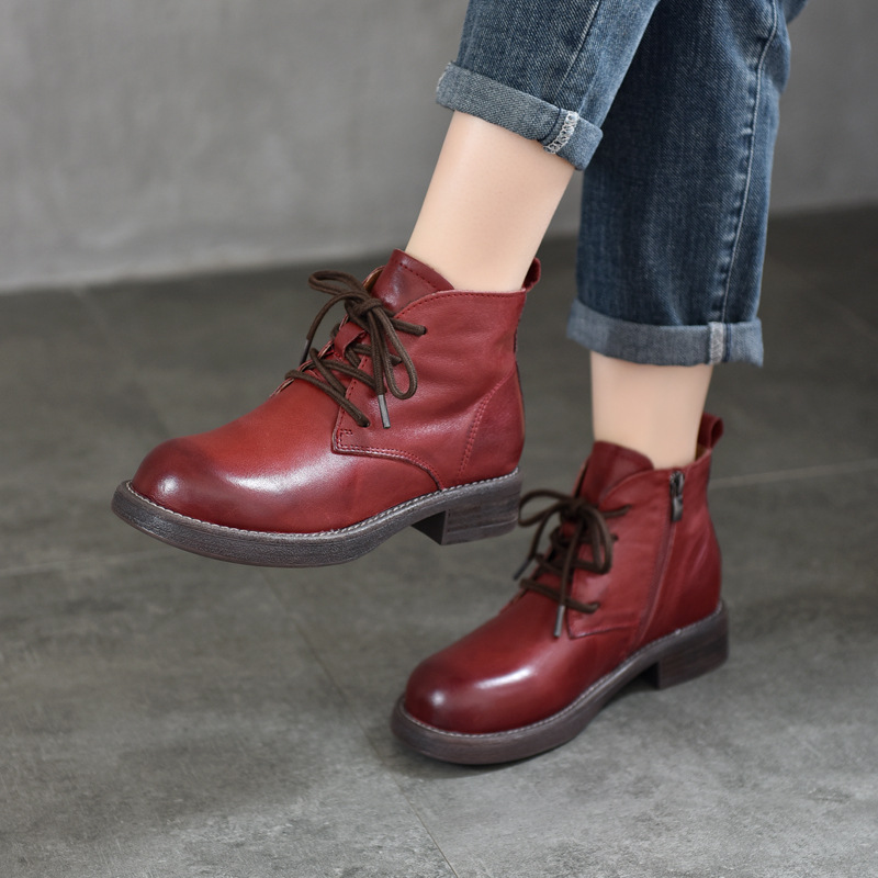 High-End Mid-Heeled Genuine Leather Boots for Women, Red Boots, Retro Washed and Rubbed Cowhide Short Boots