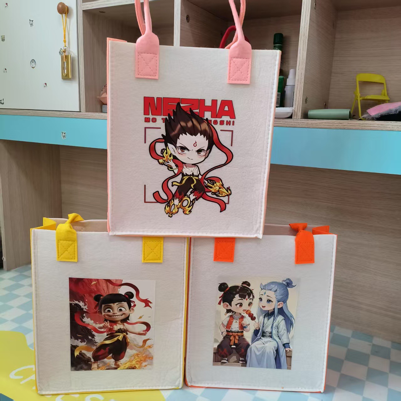 Nezha the Demon Child Rides the Sea Felt Tote Bag Cartoon Heat Transfer Birthday Gift Elementary School Student Handbag Gift
