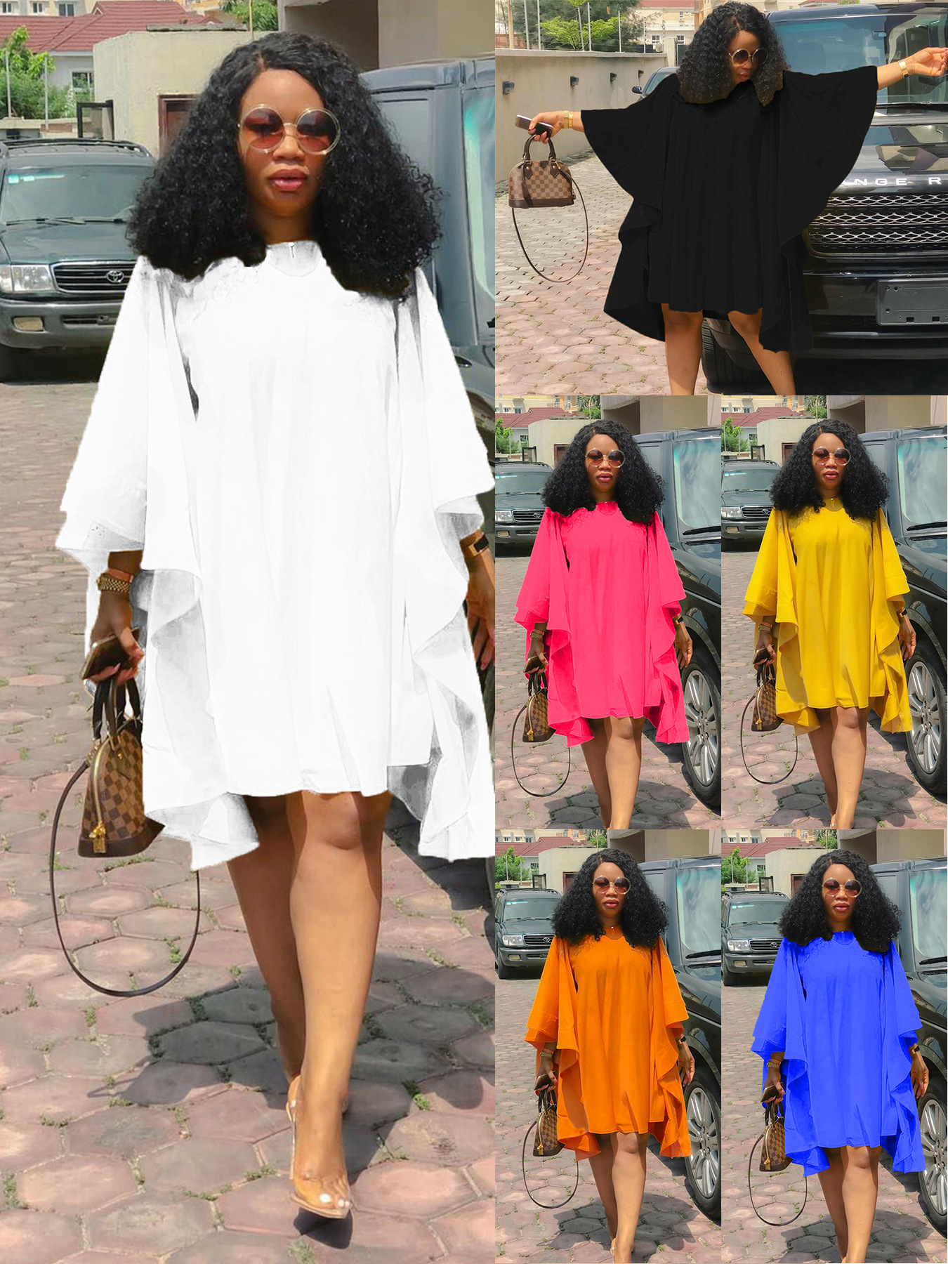 D3022 Amazon Independent Station Explosions European and American plus size Women's Pleated Long Sleeve dress Bat Sleeve Loose