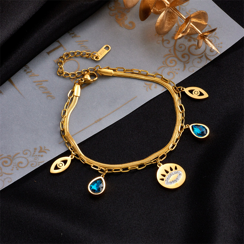 Picture of European and American Cross-Border Fashion Simple Metal Titanium Steel Retro Blue Diamond Water Drop Hollow Eye Double-Layer Chain Bracelet