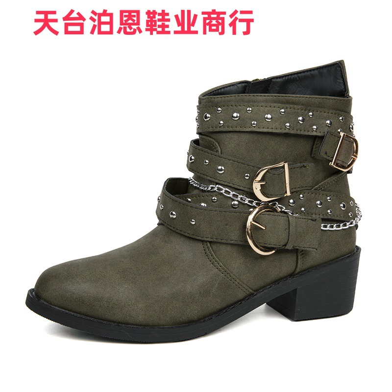 Picture of Cross-border foreign trade in-stock 2025 side zipper round toe double chain square heel PU European and American women's ankle boots autumn and winter new ankle-length boots