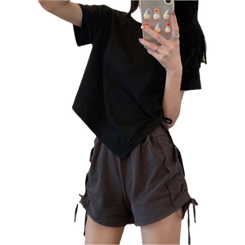 Irregular Drawstring Short Short-sleeved T-shirt Women's 2023 New Summer Korean-style ins All-match Student Spice Girl Top