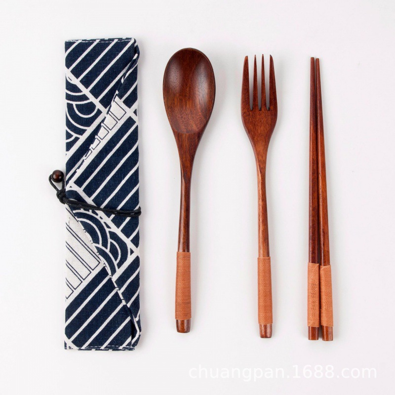 Japanese Style Wind Wooden Fork Spoon Chopsticks Wooden Bag Chopsticks Spoon Fork Travel Portable Tableware Three-piece Set