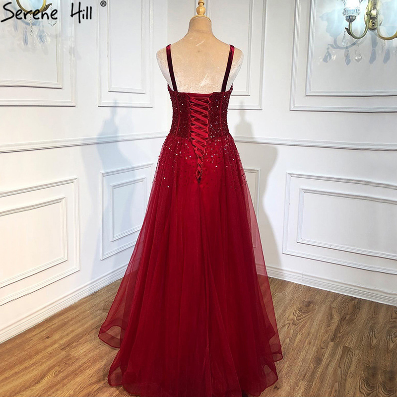Picture of Autumn and Winter Wine Red Sling Dream Nail Bead Heavy Industry Annual Meeting Host Dress Bride Engagement Toast Dress LA70600