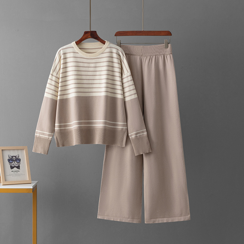 Picture of Cross-border Amazon Autumn and Winter New Foreign Trade Striped Knitted Two-piece Crewneck Sweater Loose Casual Fashion Pants