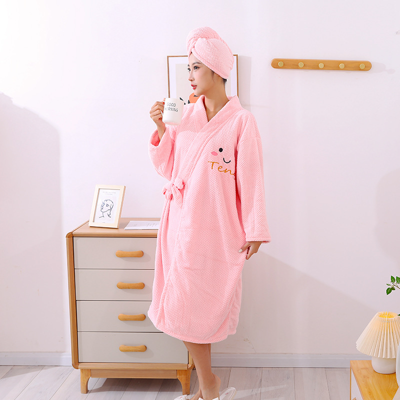 Winter Bathrobe Women Wearable Bath Towel Coral Fleece Thickened Household Cross Strap Long Sleeve Bath Dress Dry Hair Cap Wholesale
