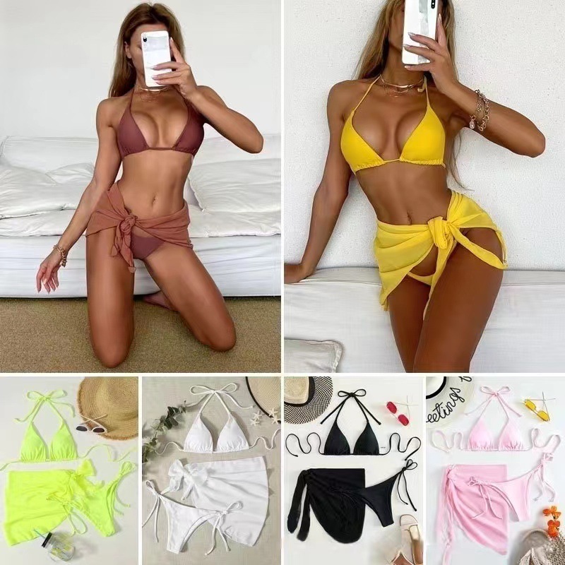 European and American foreign trade spot 2021 new solid color triangle cup strap sexy bikini three-piece swimsuit