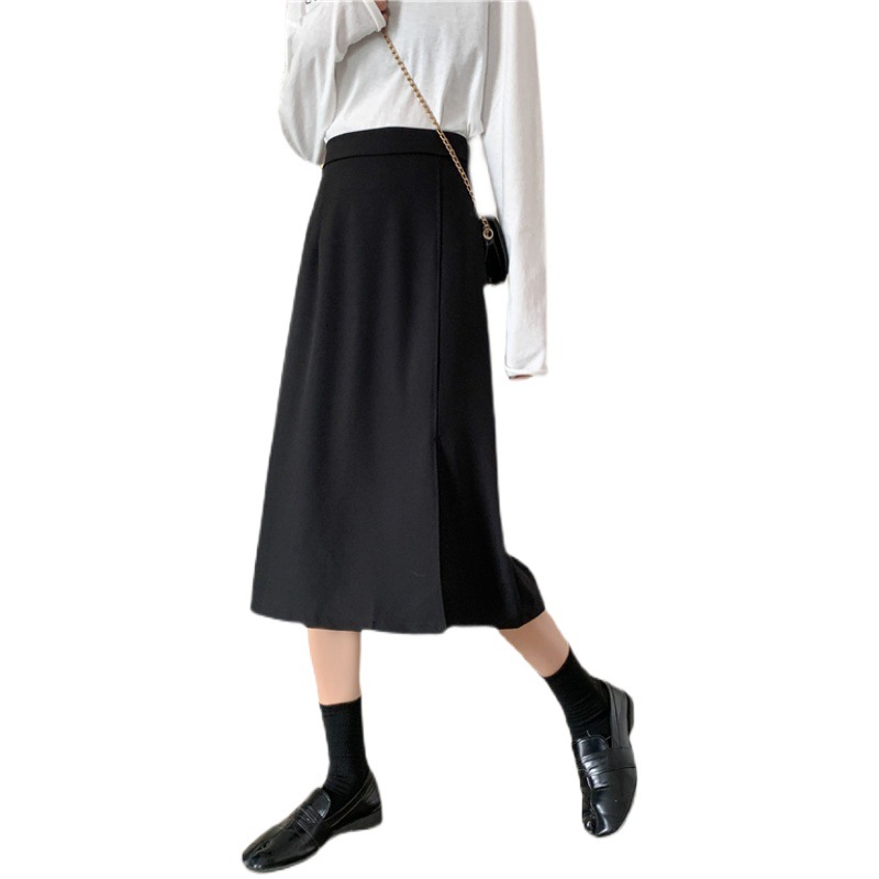 plus size chubby girl mid-length high waist skirt women's 2025 autumn and winter new split all-match slim A- line skirt long skirt