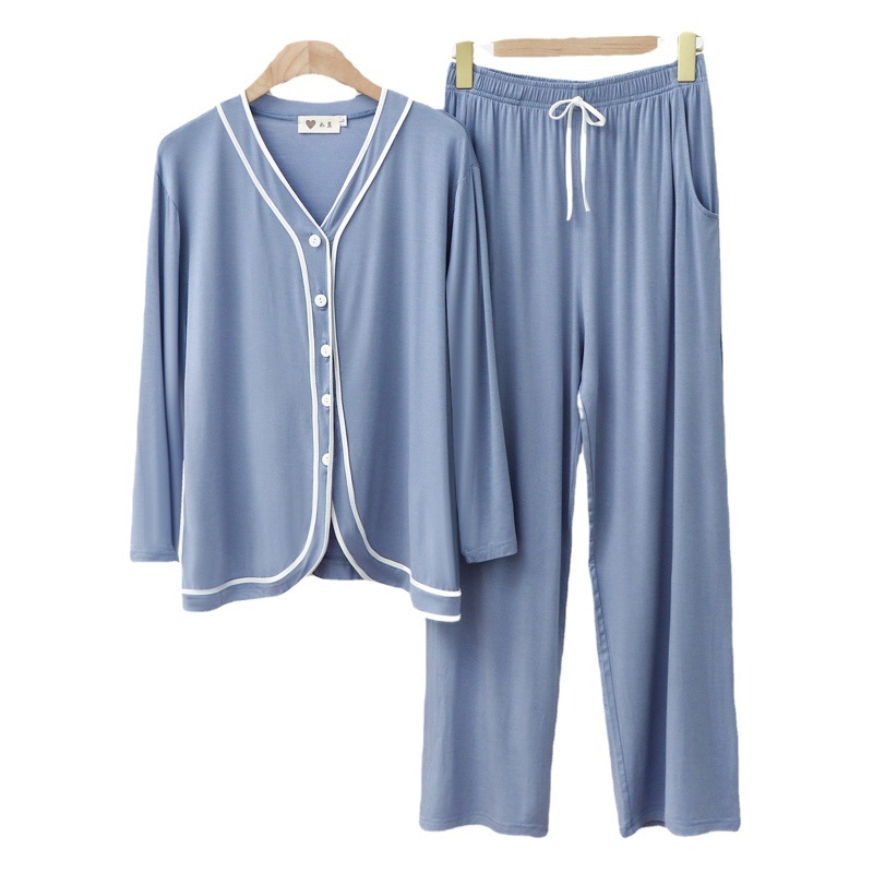 Encrypted Modal Cardigan Arc Long-sleeved Trousers Two-piece Pocket Casual Women's Pajamas Home Clothes Set