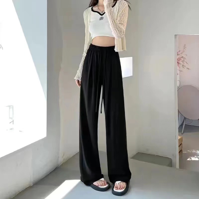Black Wide-Leg Pants for Women Petite High-Waist Draped Pants 2024 Summer New Summer Thin Floor-Length Ice Silk Pants