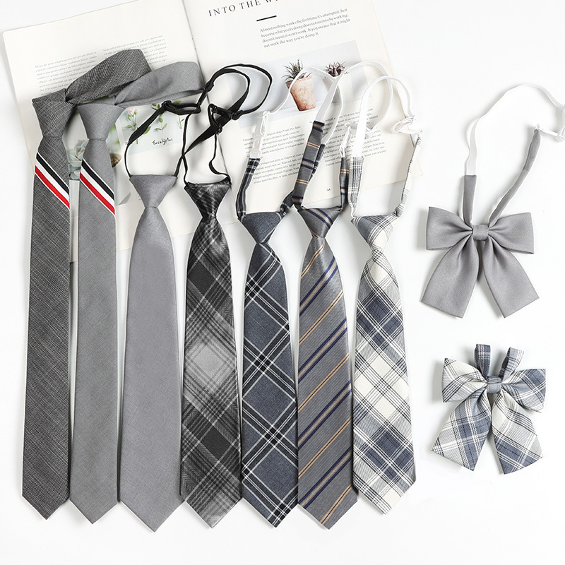 Grey Striped Plaid Lazy No-Hit Japanese Style College Style Retro Tie Women's Bow Tie Shirt Accessories Men