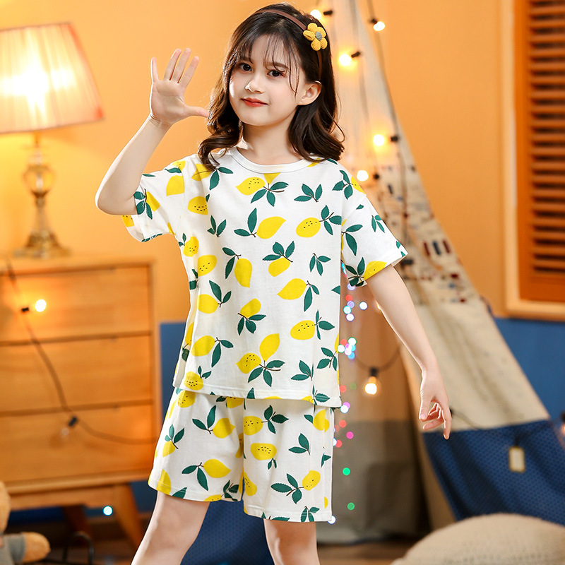Picture of 2024 New Kidsren's Summer Short-Sleeved Suit Home Clothes Pajamas Pure Cotton Thin Air-Conditioned Clothes Princess Girls Baby