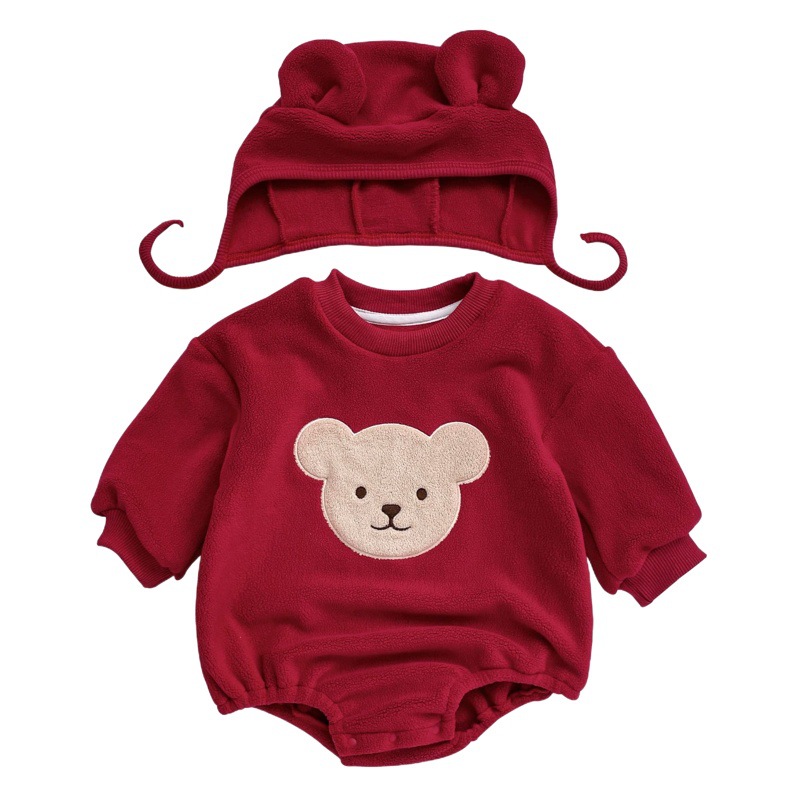 2025 Baby Korean Autumn and Winter Round Neck Cartoon Bear Warm Triangle Hats INS Cute Baby Hat Climbing Suit