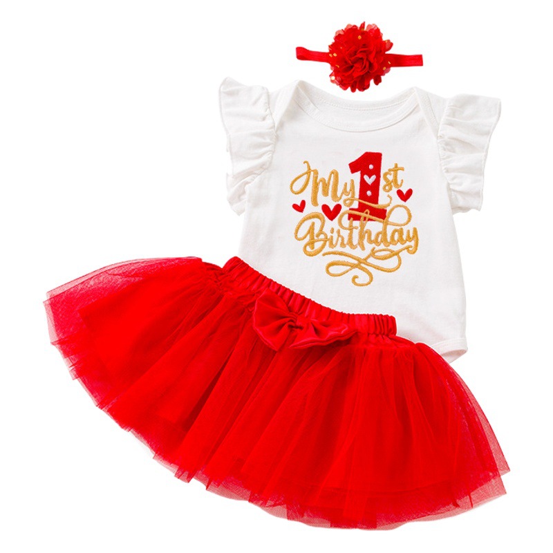 K-Style of Baby Girl's First Birthday Clothes Summer Infant and Toddler Flying Sleeves Embroidered 1-Word Mesh Skirt Hair Accessories 3-Piece Set