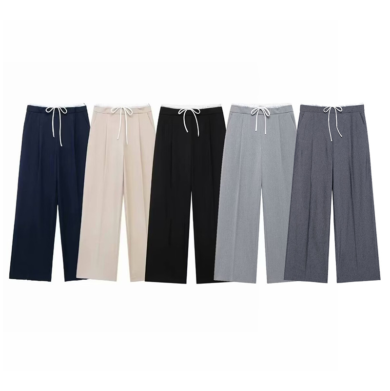 Spring 2025 New Women's European and American-style Fashion Casual All-match Double-layer Color Matching Waist Lace-up Solid Color Wide-leg Trousers