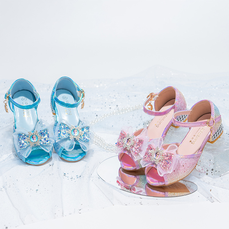 Girls High Heels 2025 Spring and Summer Sweet and Stylish Rhinestone Tulle Butterfly Dish Non-Slip Soft Bottom Elsa Princess Shoes