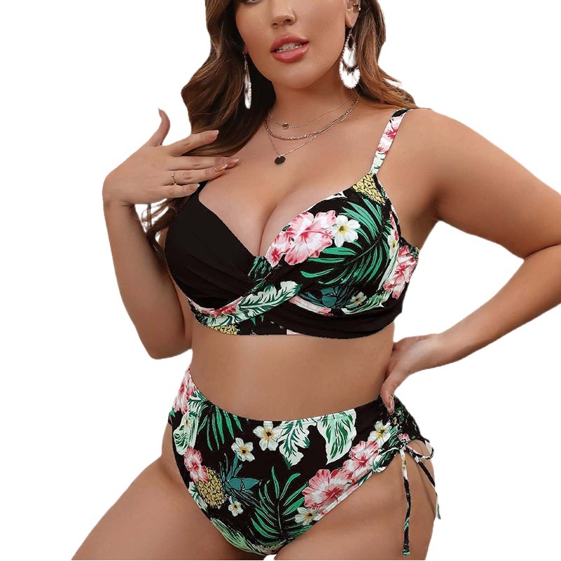 2024 European and American new women's plus size split bikini digital fresh printed hard bag Amazon swimsuit for women
