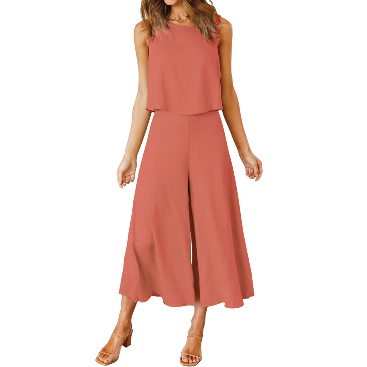 2024 European and American new TEMU women's summer 2-piece clothing round neck top short solid color wide leg pants suit