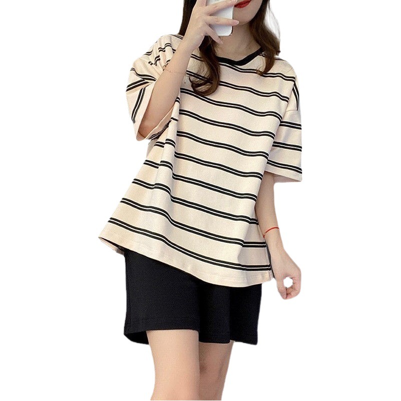 Summer New Women's Short-sleeved Loose Pajamas with Chest Pad Striped Short-sleeved Shorts Outwear Home Wear Suit