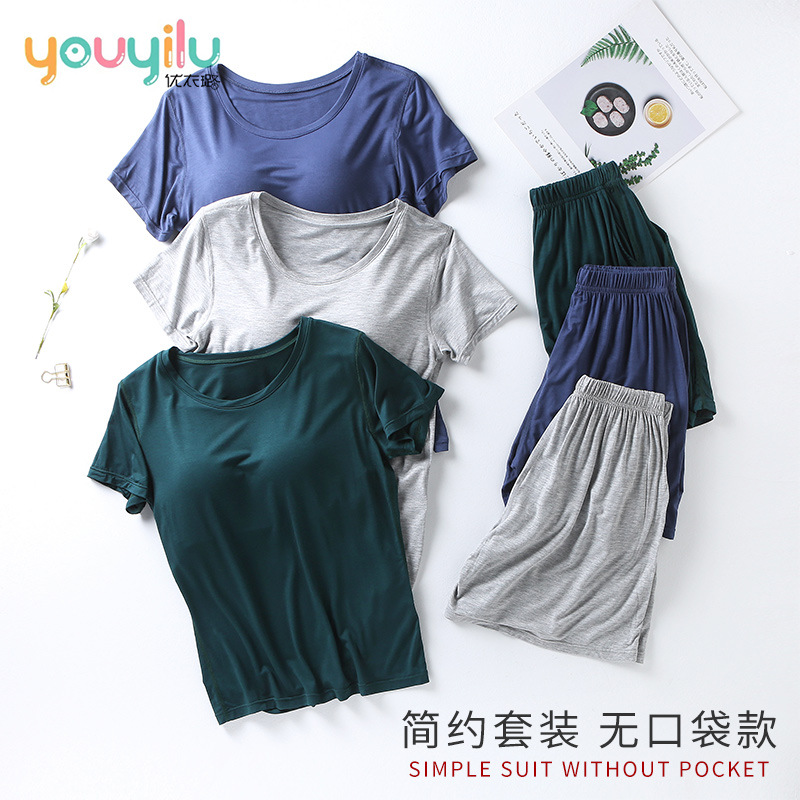 Picture of Modal Women's Suit Cup One-piece Short-sleeved Shorts Pocket-free Slimming Home Pajamas Suit Large Size Women