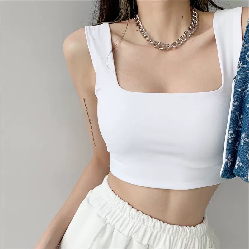 Pure Cotton hot girl Street square collar open collarbone strap outer wear vest women's solid color wide shoulder strap bottoming sports top