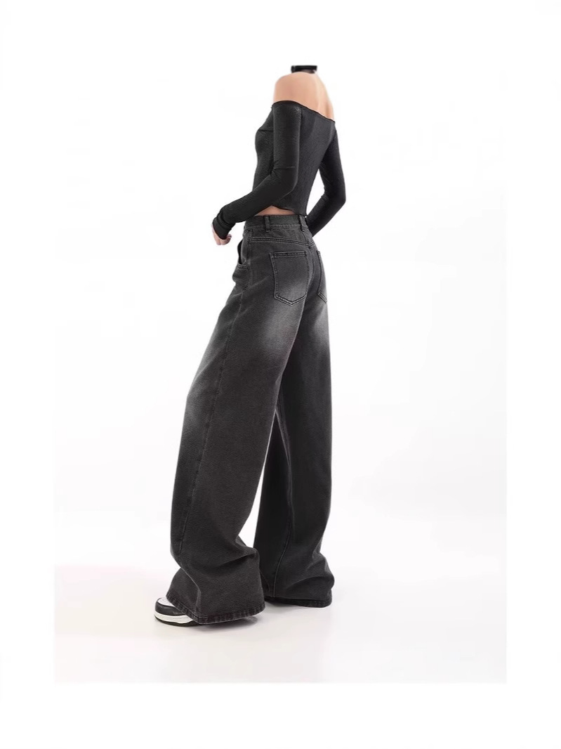 American Retro Harajuku Style Gray Jeans for Women Y2K High Street Casual Wide-Leg Floor-Length Pants Cross-Border Aliexpress