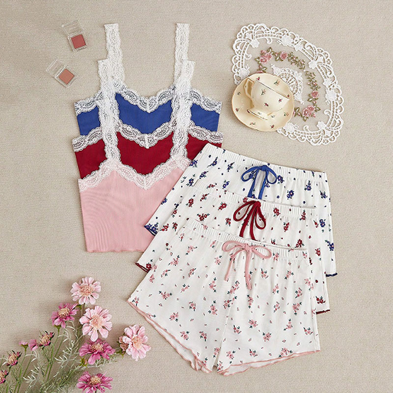 European and American Colorful Pajamas for Women Summer New Sweet and Cute Three-Piece Set Elastic Waist Tie Suspender Shorts Home Clothes