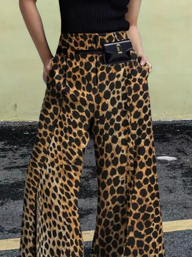 European and American Cross-border Autumn New High-end Sense Fashion High Waist Slimming Leopard Print Casual Wide Leg Pants Loose Straight Pants