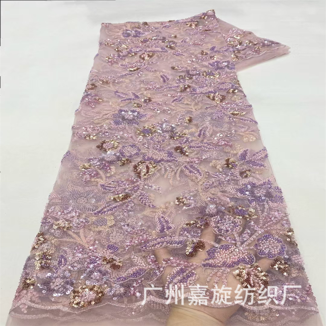 Heavy Industry Double Color Ethnic Style Mesh Yarn Beaded Tube Embroidery Fabric Sequin Embroidery Wedding Dress Lace Embroidered Fabric Beaded