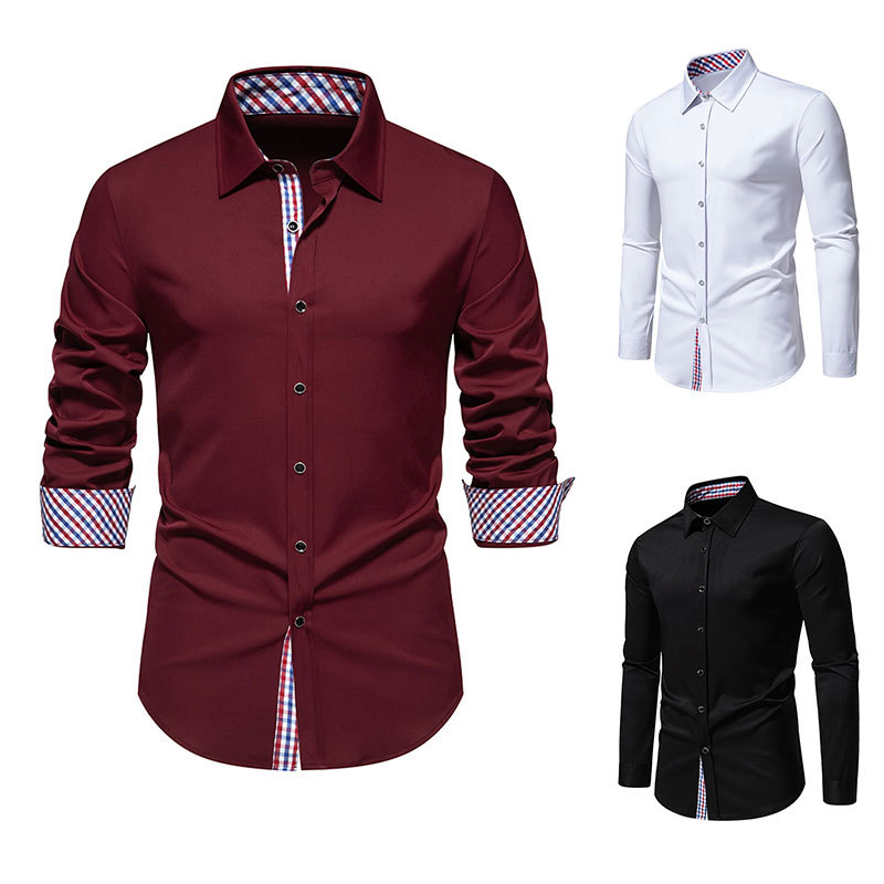 Amazon new men's triangle collar Sun Grid color matching long sleeve shirt A353