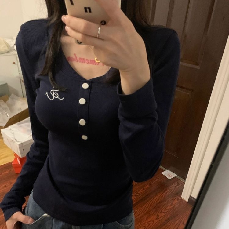 American Style Vintage Embroidered Button Long-sleeved T-shirt Women's Autumn New Slim-fit Slimming Sweet Spice Girl Chic Base Top