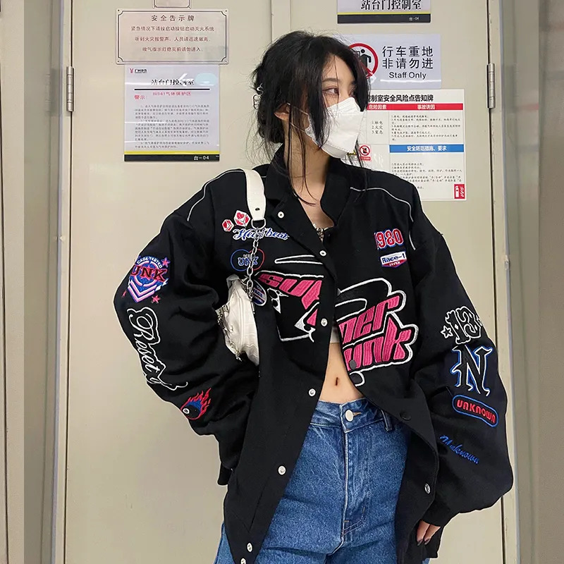 American Racing Suit Baseball Uniform Women's Autumn and Winter New Retro Loose Flesh-Covering Printed Jacket Motorcycle Jacket Cross-Border