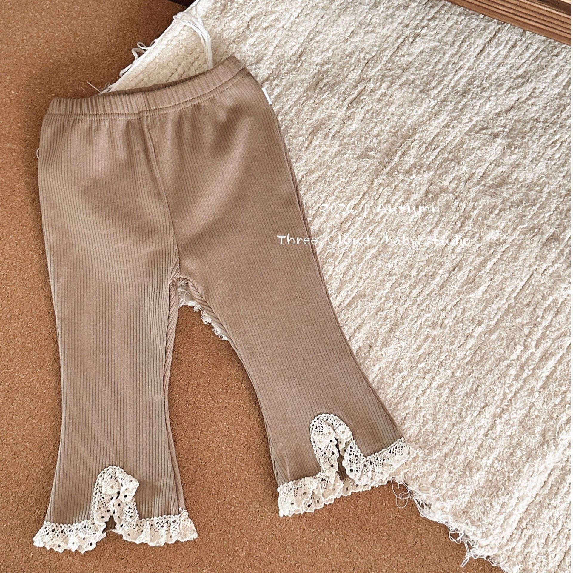 Picture of Infants and Young Children Early Autumn and Winter Baby Girl Korean Style Slightly Flared Lace Pants Elastic Pit Strips Versatile Pure Color Bell-Bottom Pants