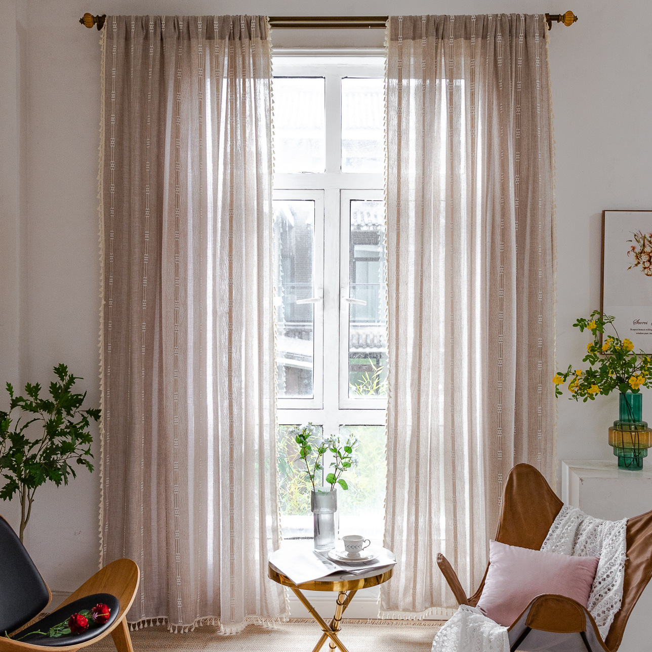 Picture of Factory cross-border special curtain finished embroidery stripe hollow brown bedroom jacquard kitchen small window short curtain