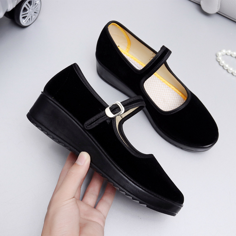 Old Beijing Cloth Shoes Black Thick-soled Hotel Work Shoes Mid-heel Wedge Soft-soled Non-slip Women's Cloth Shoes Single-layer Shoes