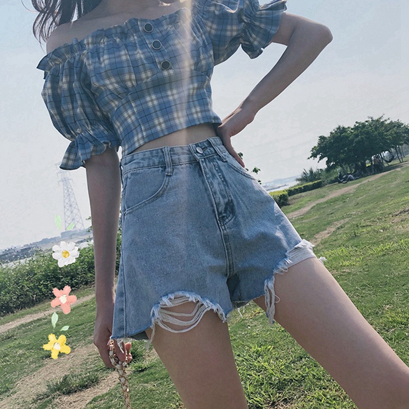 Summer 2021 New Denim Shorts Women's Hole High Waist a-Shed Hot Pants Loose Slimming Korean Style Wide Leg Pants Trendy ins