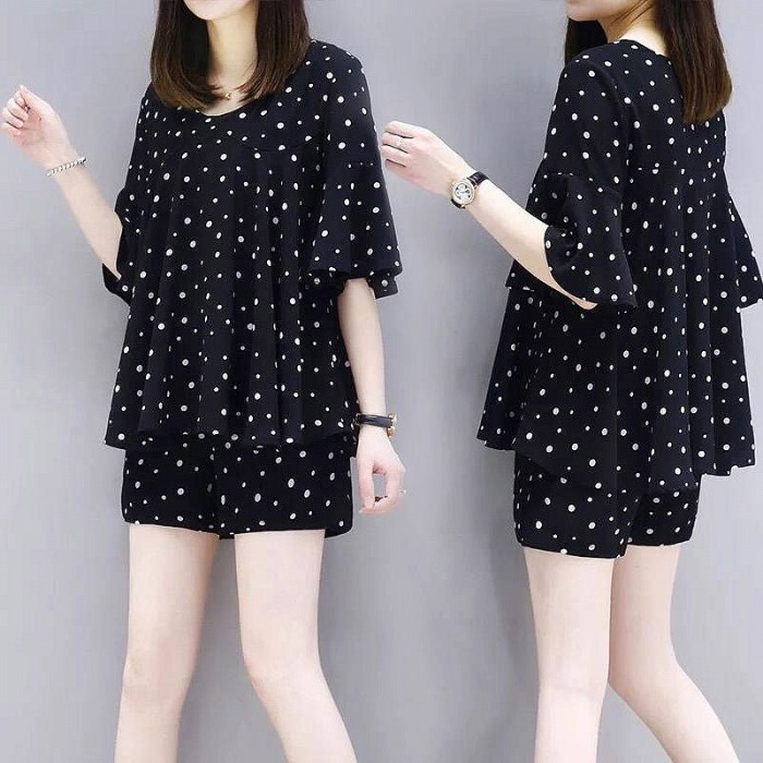 (M--5XL) large size women's western style suit fat mm new Korean version of belly covered fashion short sleeve shorts two-piece set