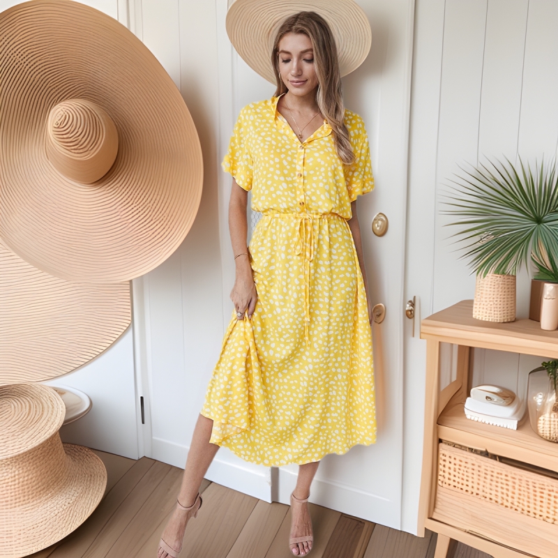 European and American Cross-border Fashion Women's Clothing Independent Station 2022 Summer Polka Dot Short-sleeved Dress Shirt Collar Skirt