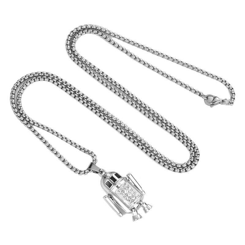 New Cartoon Diamond-encrusted Robot Titanium Steel Necklace Pendant Trendy Cool Hip-hop Pendant Long Woolen Chain Accessories
