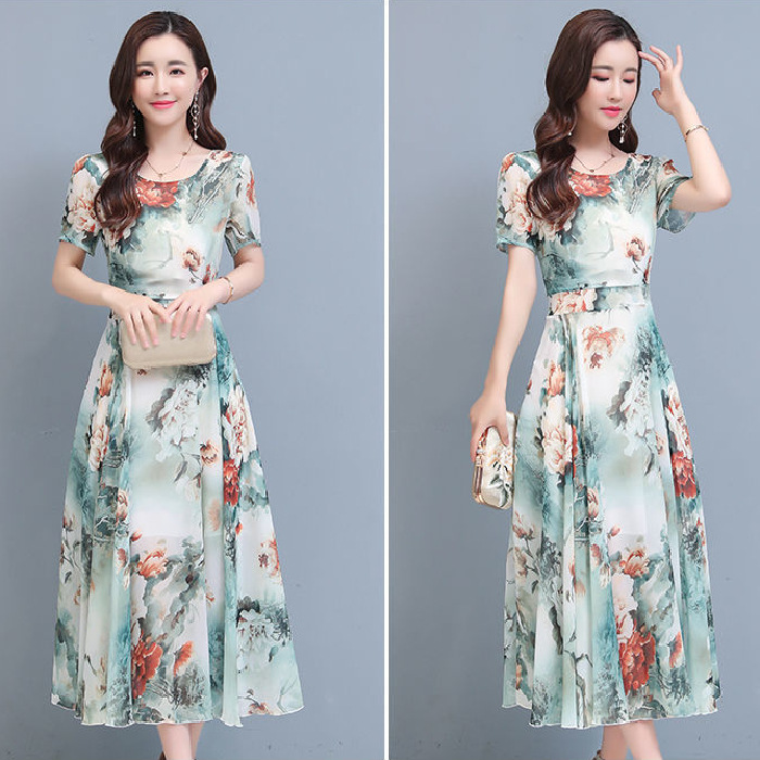 078 New Cross-Border Elegant Floral Fashion Dress Women's Summer Fashion Belly-Covering Slimming Look A-Line Long Skirt Beach Skirt