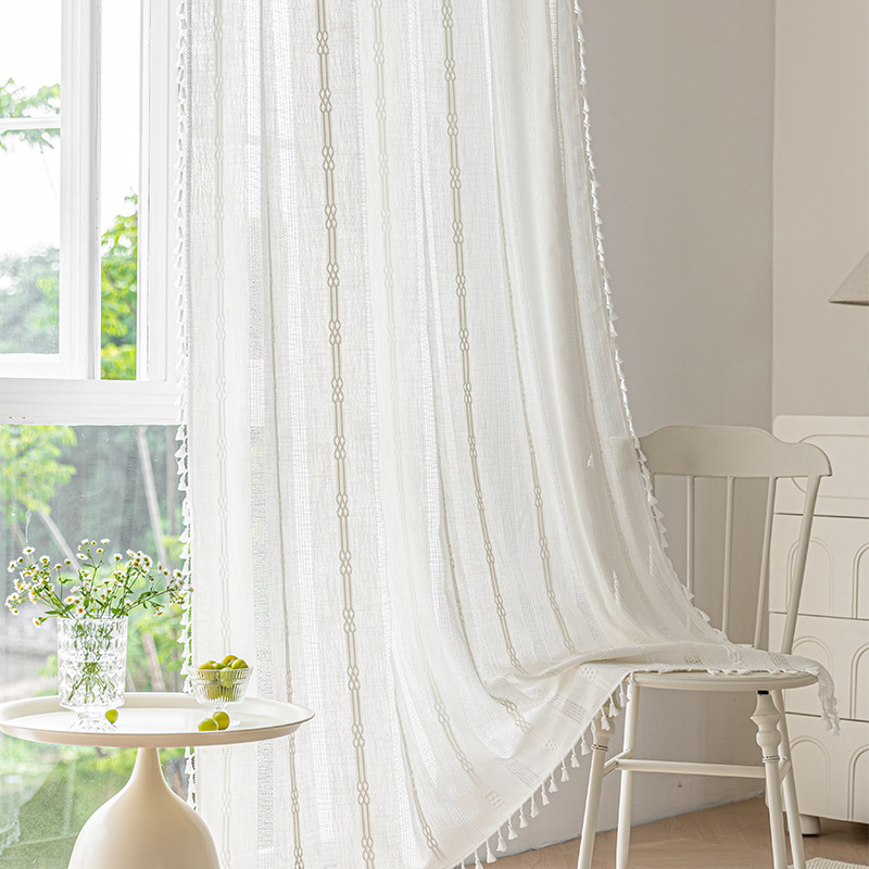 Picture of Cross-border exclusive for Nordic cotton and linen curtains multi-color solid color cotton and linen yarn semi-transparent bedroom living room floor curtains with yarn