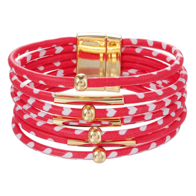 Cross-border European and American Explosions Alloy Leopard Magnet Buckle Leather Bracelet Beaded Leather Rope Bracelet Bracelet Jewelry