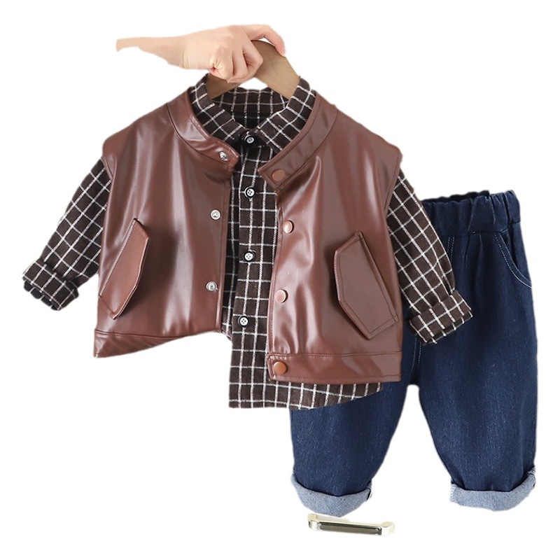 Korean style new children's western style spring and autumn fashion trendy children's leather vest plaid shirt three-piece set boys' spring clothes suit