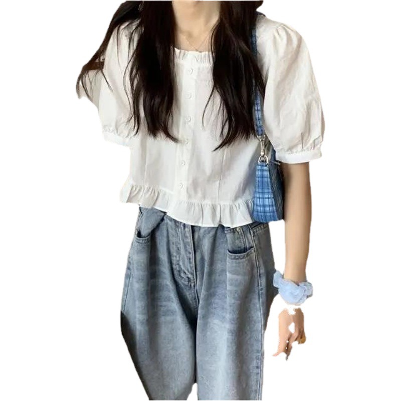 Picture of Short-Sleeved Women's New Spring/Summer 2022 Cute Casual Elegant Puff Sleeve Short Ruffled Square Neckline Top Ins