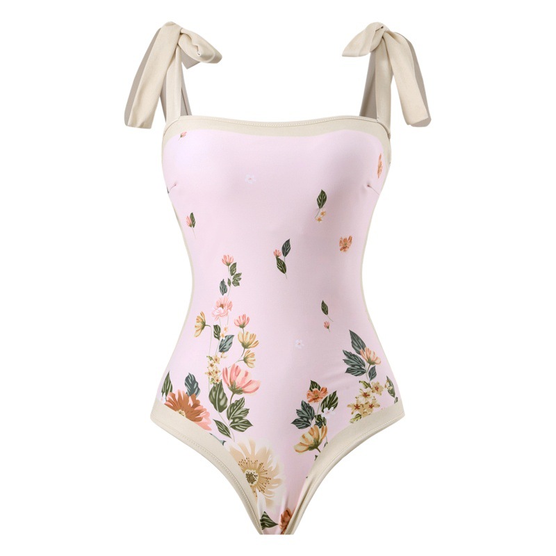 2024 European and American conjoined conservative belly-covered beach hot spring swimsuit three-piece French retro conjoined bikini