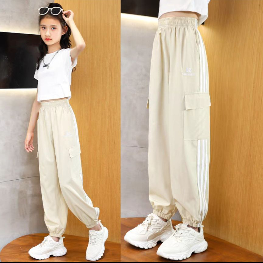 Girls' Cargo Pants Summer Thin Pants Children's Ice Silk Anti-mosquito Pants 2024 New Children's Summer Sports Pants