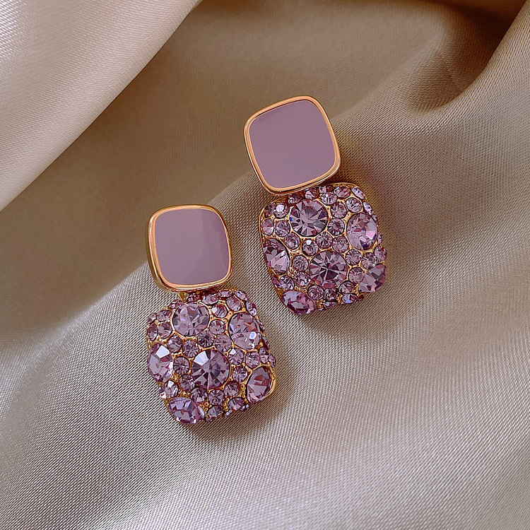 @ Special Offer @ Korean Retro Purple Square Full Diamond Oil Drop Earrings 2025 New Trendy Temperament Internet Celebrity Earrings for Women