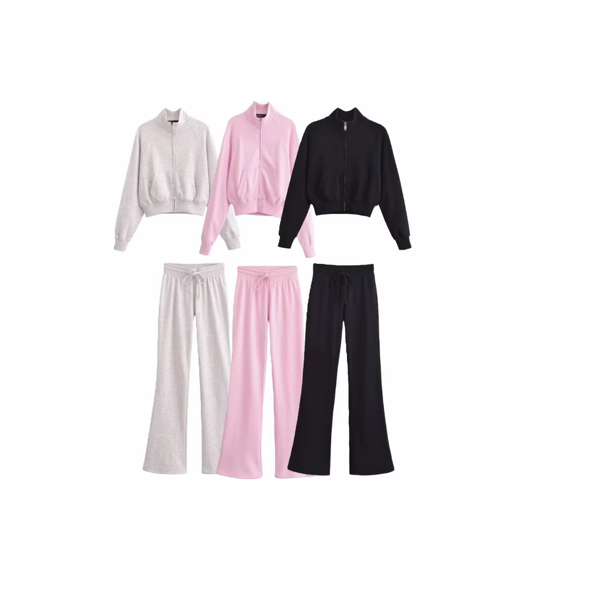 ZA cross-border women's clothing wholesale cotton stand collar zipper sweater coat horn trousers suit 3253328 3253329